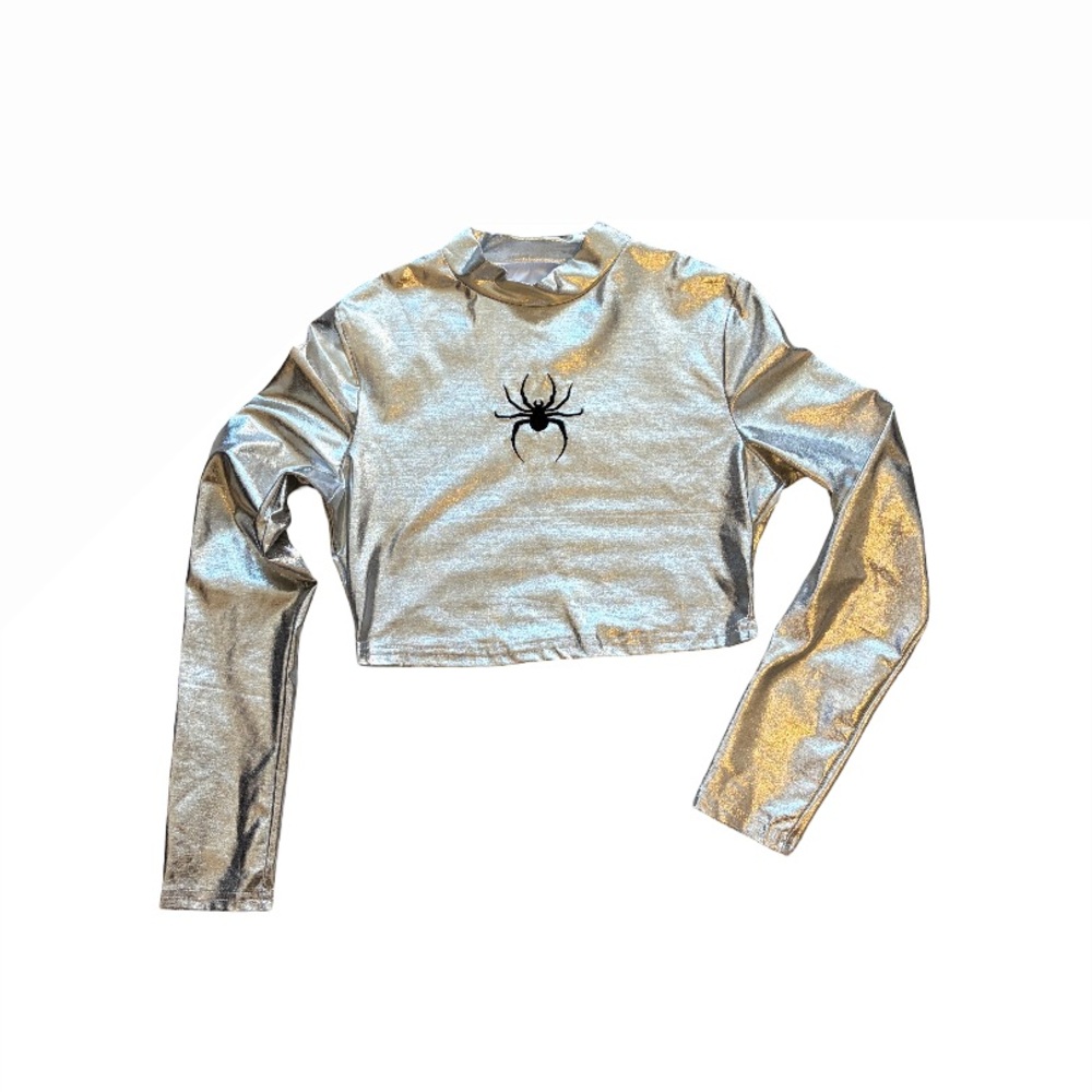 Metallic Silver Spider Crop Top